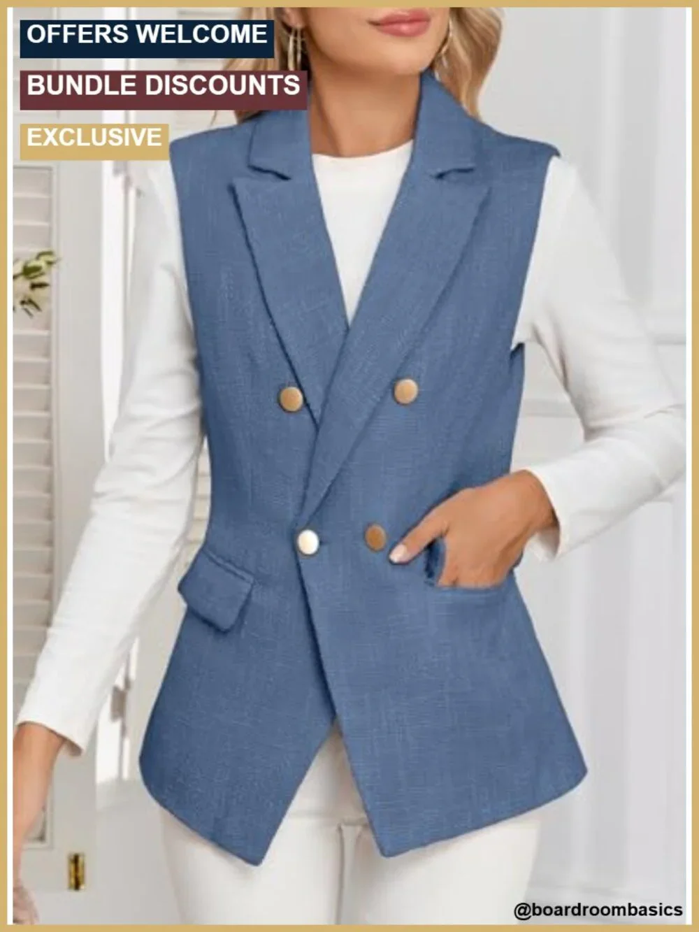 Sleeveless Tweed Blazer Vest Double Breasted Work Suit with Pockets